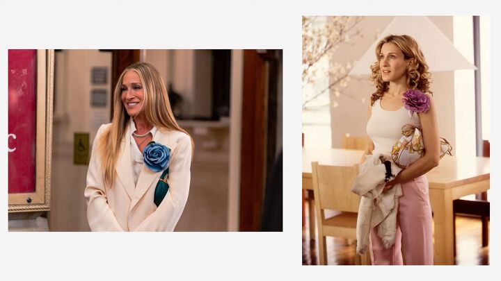 how to dress like carrie miranda charlotte in and just like that, Carrie Bradshaw s oversized floral broaches
