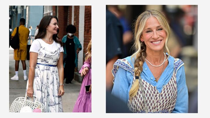 how to dress like carrie miranda charlotte in and just like that, Charlotte and Carrie layering under dresses