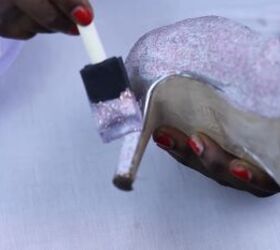 revive your peeling heels by turning them into diy glitter shoes, Spreading glitter glue mixture on the shoe