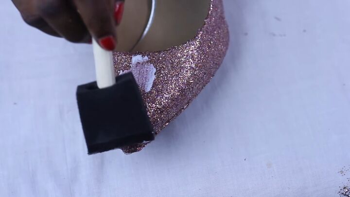 revive your peeling heels by turning them into diy glitter shoes, Applying Mod Podge to seal the glitter