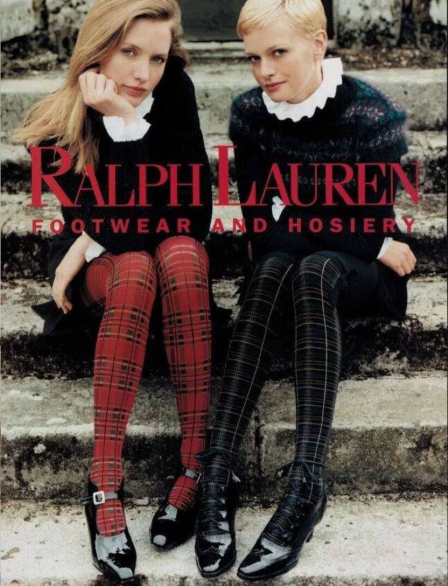 4 stylish timeless outfits inspired by vintage ralph lauren ads, Vintage Ralph Lauren ad with tartan tights