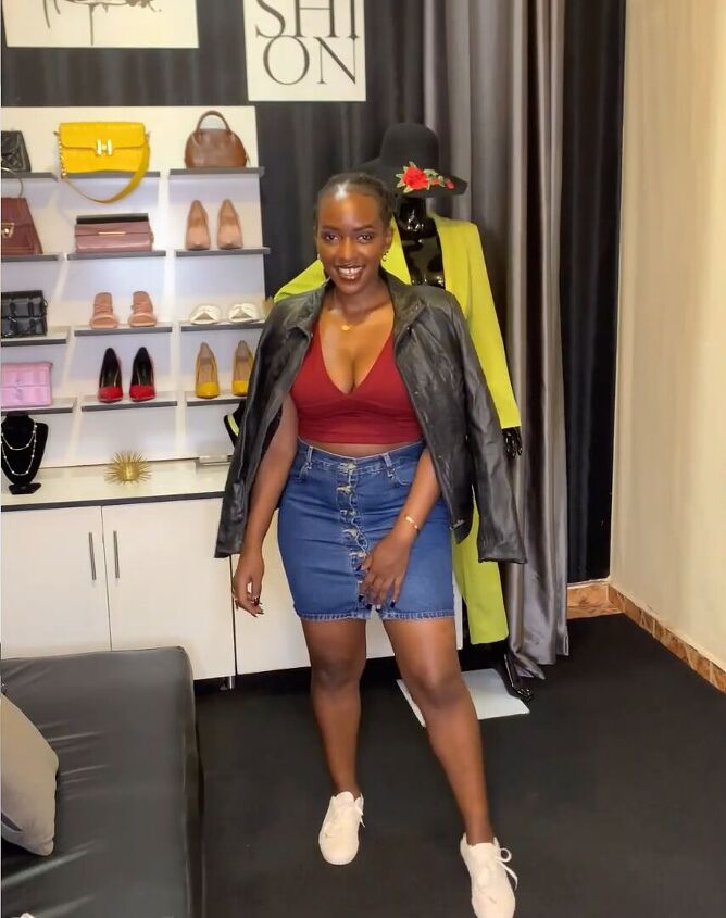 9 denim skirt outfits that show why you need one in your wardrobe, Denim skirt outfit with a red crop top