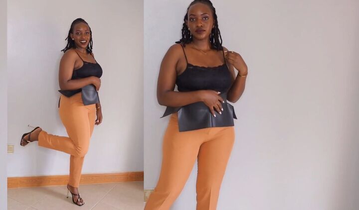 how to style a statement belt 1 belt 5 different outfit ideas, Peach pants with a black statement belt