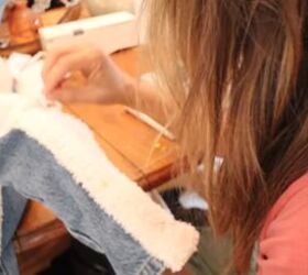 how to make a diy sherpa denim jacket with a sherpa collar lining, Sewing Sherpa onto the sleeves of the denim jacket