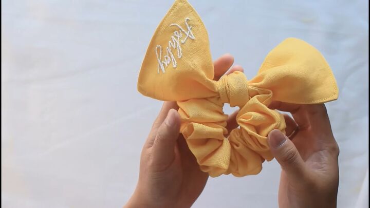 how to make a bow scrunchie with personalized name embroidery, How to make a bow scrunchie