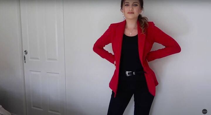 steal her style 5 hailey bieber inspired outfits you can recreate, Bright red blazer with black jeans