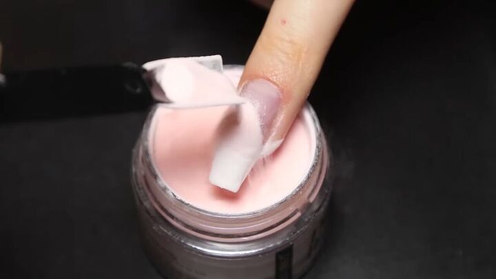 3 easy dip powder nail ideas french glitter ombre marble nails, Pouring the pink powder onto the nail