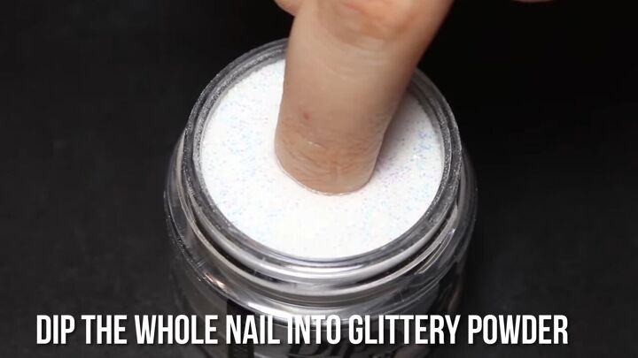 3 easy dip powder nail ideas french glitter ombre marble nails, Dipping the nail into white glitter powder