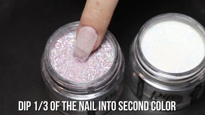 3 easy dip powder nail ideas french glitter ombre marble nails, Dipping half a nail into pink glitter powder