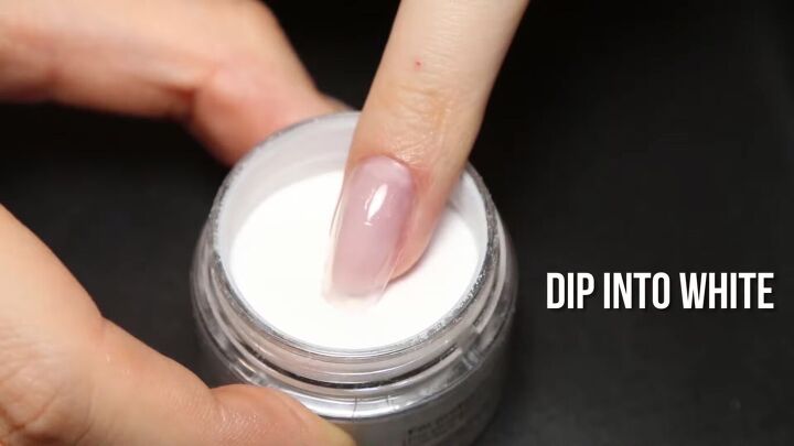 3 easy dip powder nail ideas french glitter ombre marble nails, Dipping the end of the nail into the powder