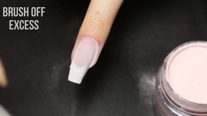 3 easy dip powder nail ideas french glitter ombre marble nails, Brushing off the excess powder