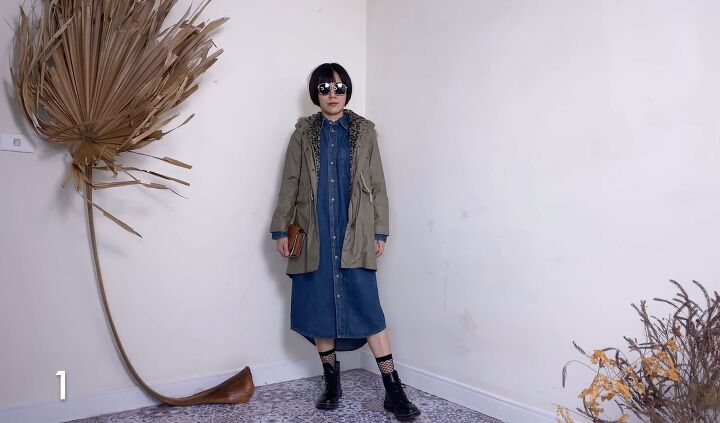14 cool ways to style parka outfits grungy casual feminine more, How to style a parka with a denim dress