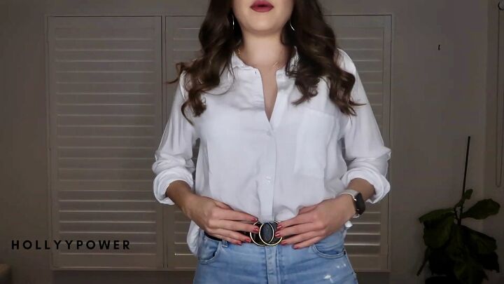 how to style a white blouse 8 styling tips cute outfit ideas, Different ways to tuck a button down shirt