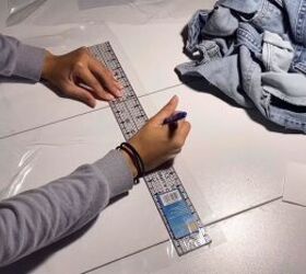 how to make a cute diy patchwork tote bag out of old jeans vinyl, Measuring seam allowance on the vinyl