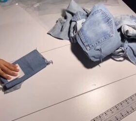 how to make a cute diy patchwork tote bag out of old jeans vinyl, Cutting patchwork squares out of denim