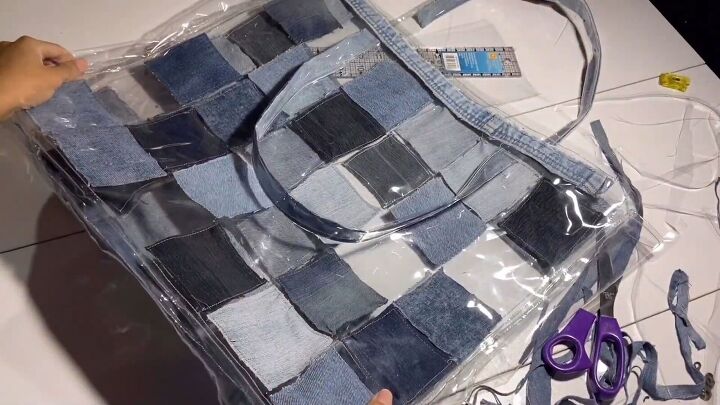 how to make a cute diy patchwork tote bag out of old jeans vinyl, DIY patchwork tote bag with vinyl