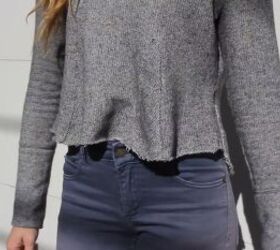 how to make a diy cropped sweater fix an unflattering fit, DIY cropped sweater from the front