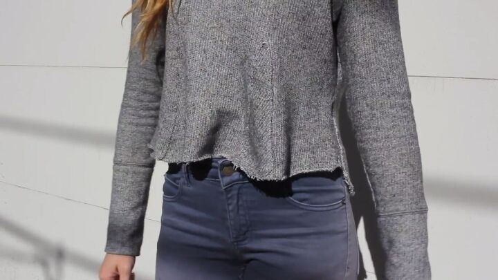 how to make a diy cropped sweater fix an unflattering fit, DIY cropped sweater from the front