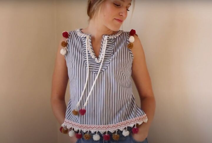 from boring to compliments how to embellish a top with cute pom poms, How to embellish a top with pom poms