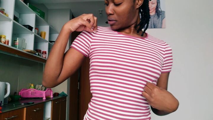 how to make a no sew diy off shoulder top from t shirt in just 10mins, Marking the t shirt where you want to cut it