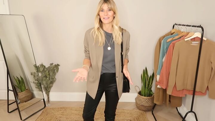 5 chic leather trousers outfit ideas how to style your leather pants, Leather trousers with a neutral blazer