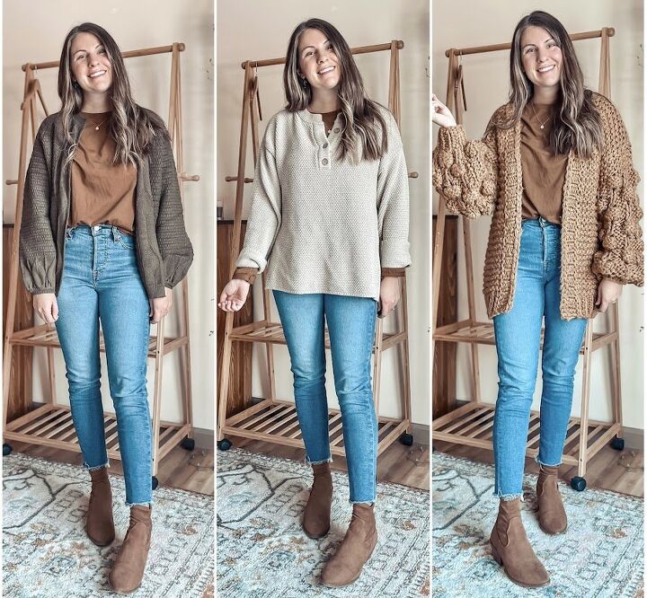 three warm layered looks for winter with the same outfit base