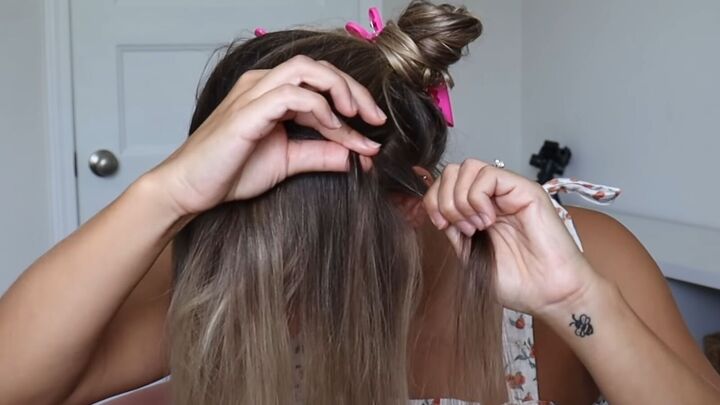 keep hair neat looking cute with this easy headband braid tutorial, Splitting hair on the left side