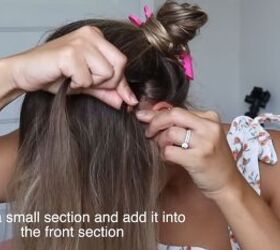 keep hair neat looking cute with this easy headband braid tutorial, Adding in small sections of hair to the braid