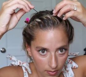 keep hair neat looking cute with this easy headband braid tutorial, Pinning the headband braid at the front