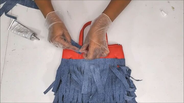 how to make a cute boho style diy fringe purse out of old jeans, DIY boho purse with fringe out of jeans