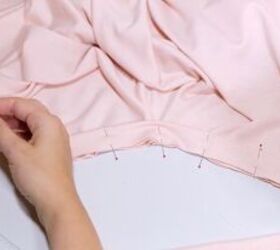 how to sew a beautiful balloon sleeve blouson sweater from scratch, Pinning the neckline to the blouse