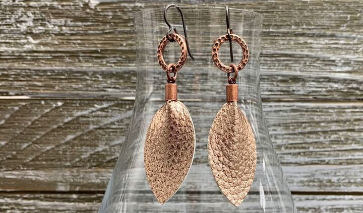 how to make pretty diy leather leaf earrings in just 5 minutes, DIY pinched leather earrings
