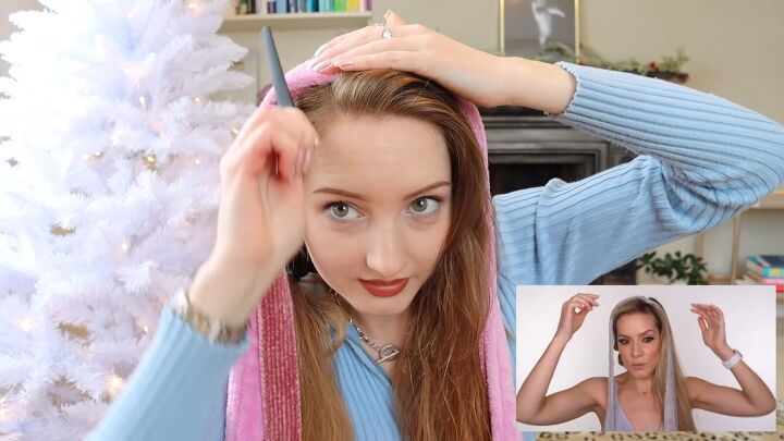 step by step heatless curls tutorial how to do perfect robe curls, Pinning the robe tie to the head