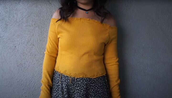 how to make a diy distressed choker top out of an old turtleneck, DIY distressed off shoulder top