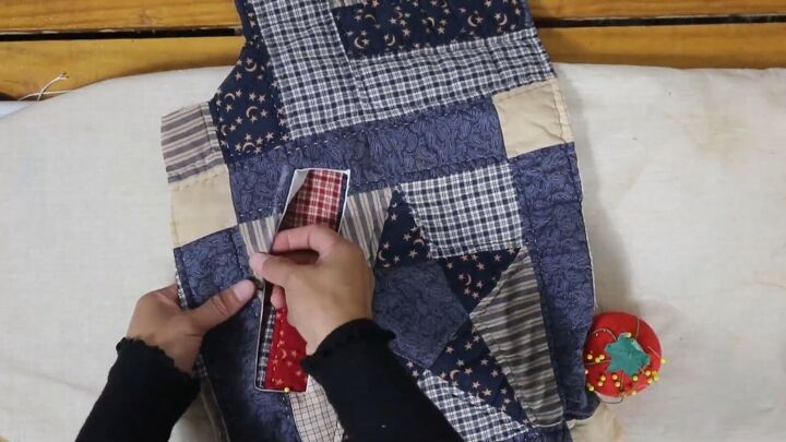 how to make a cozy reversible quilted jacket out of old blankets, Cutting the welt piece for the pocket