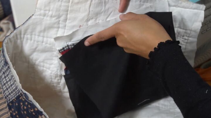 how to make a cozy reversible quilted jacket out of old blankets, Attaching the lining piece to the pocket