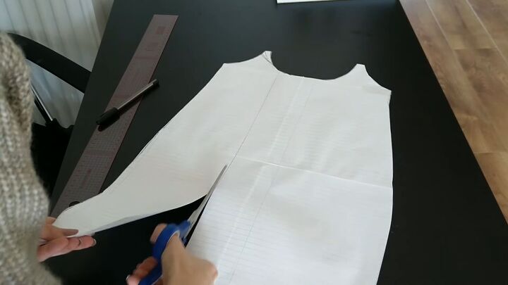 how to make a suspender skirt out of men s pajama pants, Drawing and cutting seam lines for the front