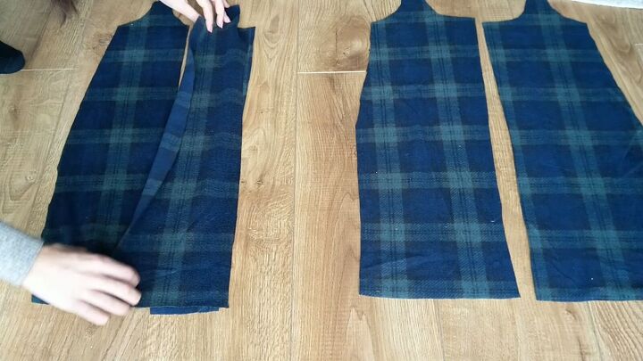 how to make a suspender skirt out of men s pajama pants, Sewing the skirt panel pieces together
