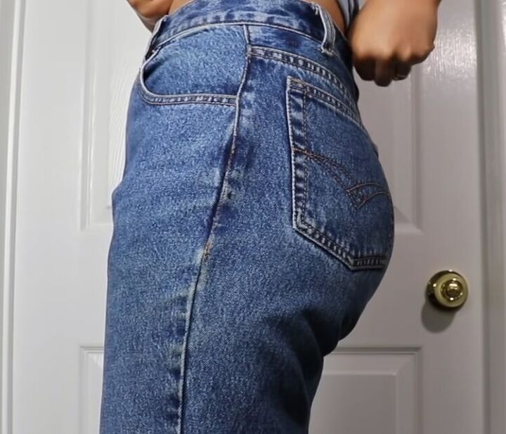 how to take in jeans the proper way for a perfect fit, Finished jeans at the side