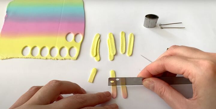 how to make polymer clay wing earrings in angelic rainbow colors, Cutting out blended colors in the rainbow