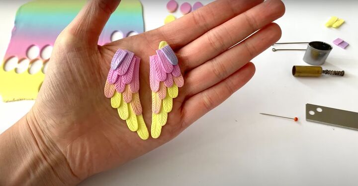 how to make polymer clay wing earrings in angelic rainbow colors, DIY polymer clay rainbow angel wings