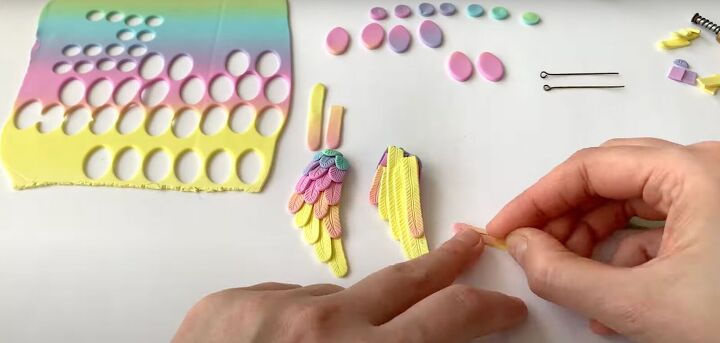 how to make polymer clay wing earrings in angelic rainbow colors, Creating the back of the angel wings