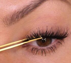 how to trim false lashes that are too long apply them like a pro, Pinching the lashes together with tweezers