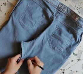 how to make cut off jean shorts skirts super easy tutorial, Making jeans into a mini skirt