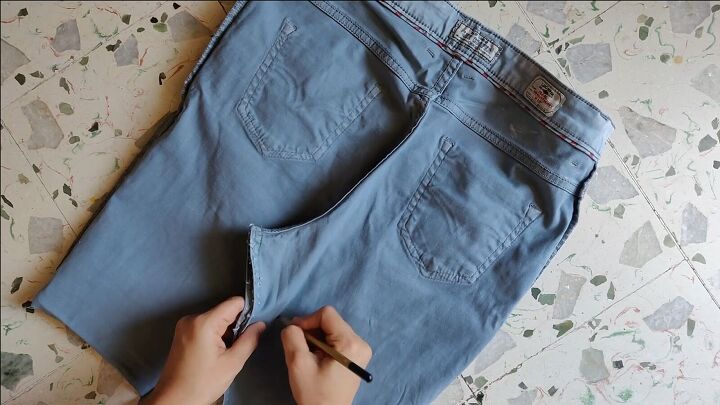 how to make cut off jean shorts skirts super easy tutorial, Making jeans into a mini skirt