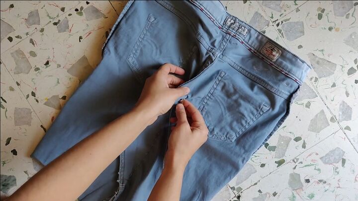 how to make cut off jean shorts skirts super easy tutorial, Sewing the skirt together