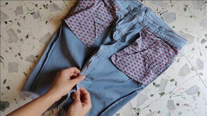 how to make cut off jean shorts skirts super easy tutorial, Flipping the skirt fabric
