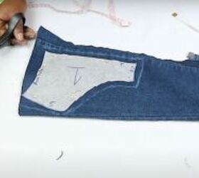 old jeans need an upcycle try this cute patchwork denim top diy, Cutting out pieces for a patchwork denim top
