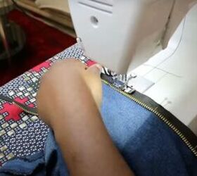 old jeans need an upcycle try this cute patchwork denim top diy, Sewing the zipper in place with a zipper foot