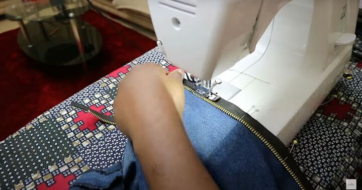 old jeans need an upcycle try this cute patchwork denim top diy, Sewing the zipper in place with a zipper foot
